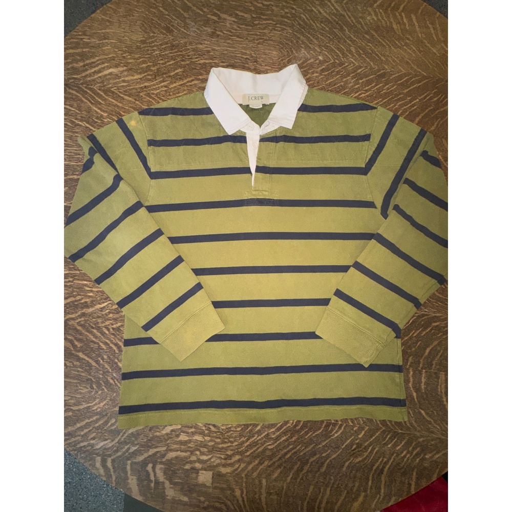 Vintage 90s J Crew Rugby Shirt Olive Navy Stripe Quilted Shoulder Macau L